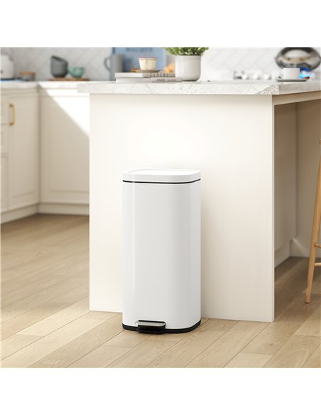 HOMCOM 30L Kitchen Bin, Compact Pedal Bin with Soft-Close and Stay-Open Lid, Removable Bucket for Kitchen, Home, Office, Cream