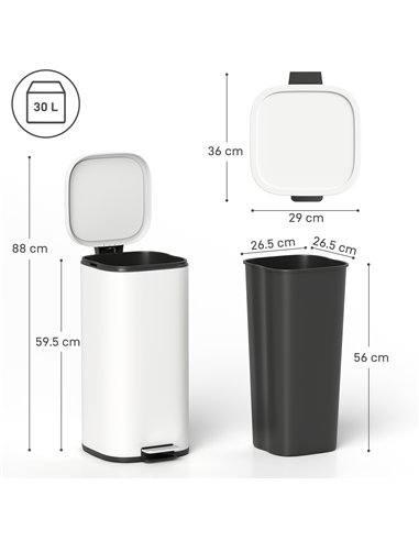 HOMCOM 30L Kitchen Bin, Compact Pedal Bin with Soft-Close and Stay-Open Lid, Removable Bucket for Kitchen, Home, Office, Cream