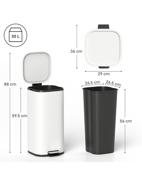 HOMCOM 30L Kitchen Bin, Compact Pedal Bin with Soft-Close and Stay-Open Lid, Removable Bucket for Kitchen, Home, Office, Cream