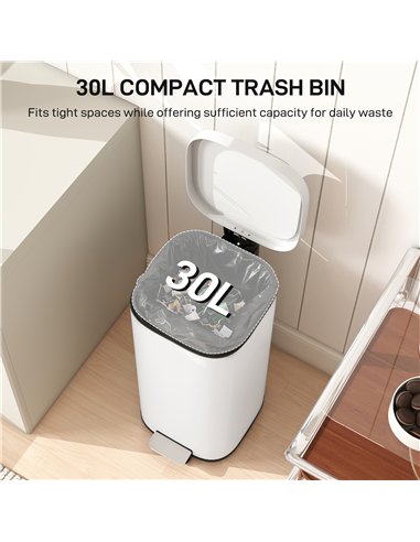 HOMCOM 30L Kitchen Bin, Compact Pedal Bin with Soft-Close and Stay-Open Lid, Removable Bucket for Kitchen, Home, Office, Cream