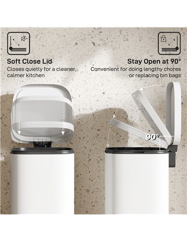 HOMCOM 30L Kitchen Bin, Compact Pedal Bin with Soft-Close and Stay-Open Lid, Removable Bucket for Kitchen, Home, Office, Cream