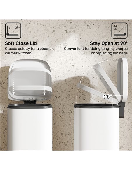 HOMCOM 30L Kitchen Bin, Compact Pedal Bin with Soft-Close and Stay-Open Lid, Removable Bucket for Kitchen, Home, Office, Cream