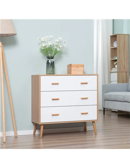 HOMCOM Chest of Drawers with 3 Drawers, Bedroom Cabinet, Storage Organizer for Living Room, White and Natural