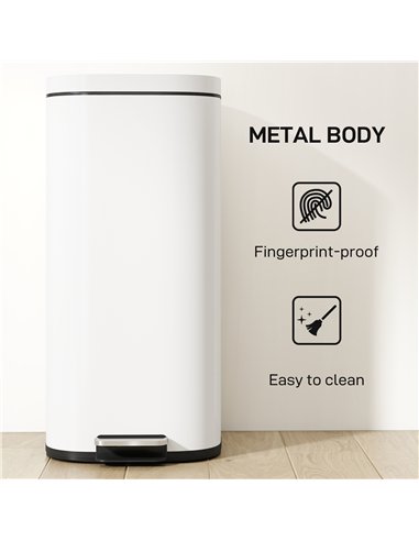 HOMCOM 30L Kitchen Bin, Compact Pedal Bin with Soft-Close and Stay-Open Lid, Removable Bucket for Kitchen, Home, Office, Cream