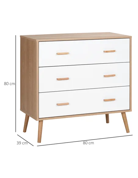 HOMCOM Chest of Drawers with 3 Drawers, Bedroom Cabinet, Storage Organizer for Living Room, White and Natural