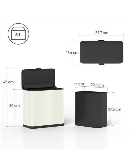 HOMCOM 8L Hanging Kitchen Bin, Rubbish bin with Lid and Removable Inner Bucket for Kitchen Cabinet Door, Under Sink, Office
