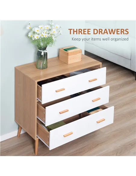 HOMCOM Chest of Drawers with 3 Drawers, Bedroom Cabinet, Storage Organizer for Living Room, White and Natural