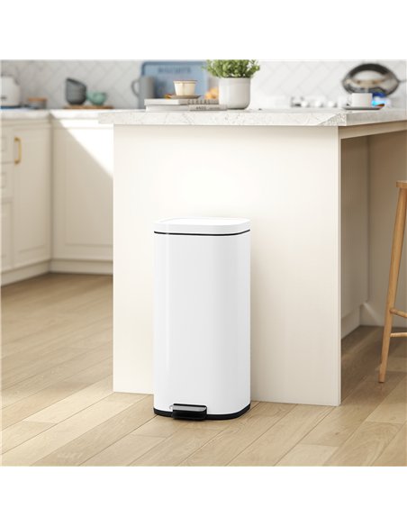 HOMCOM 30L Kitchen Bin, Compact Pedal Bin with Soft-Close and Stay-Open Lid, Removable Bucket for Kitchen, Home, Office, White