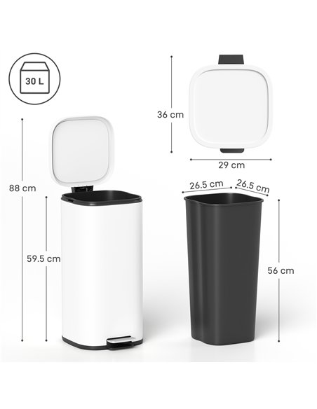 HOMCOM 30L Kitchen Bin, Compact Pedal Bin with Soft-Close and Stay-Open Lid, Removable Bucket for Kitchen, Home, Office, White