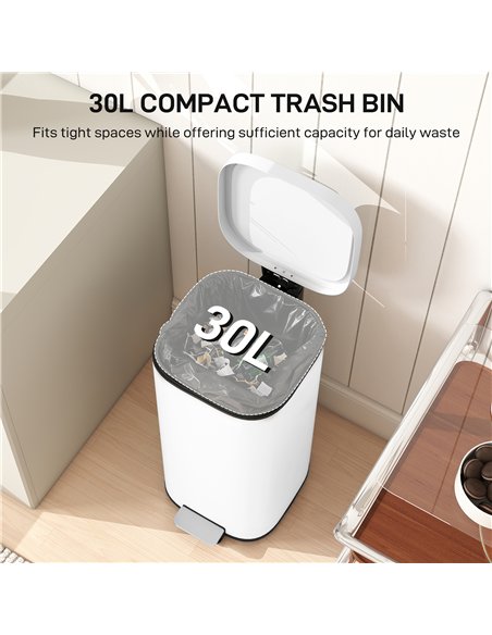 HOMCOM 30L Kitchen Bin, Compact Pedal Bin with Soft-Close and Stay-Open Lid, Removable Bucket for Kitchen, Home, Office, White