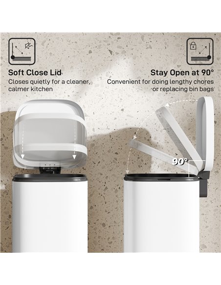 HOMCOM 30L Kitchen Bin, Compact Pedal Bin with Soft-Close and Stay-Open Lid, Removable Bucket for Kitchen, Home, Office, White