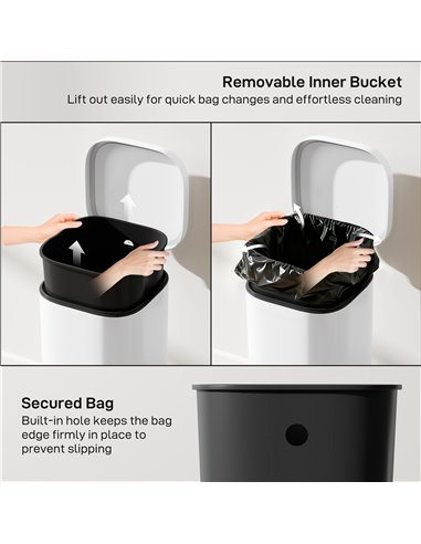 HOMCOM 30L Kitchen Bin, Compact Pedal Bin with Soft-Close and Stay-Open Lid, Removable Bucket for Kitchen, Home, Office, White