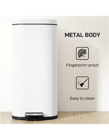 HOMCOM 30L Kitchen Bin, Compact Pedal Bin with Soft-Close and Stay-Open Lid, Removable Bucket for Kitchen, Home, Office, White