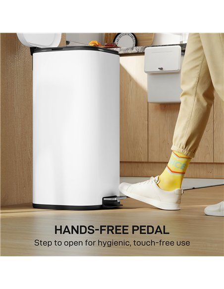 HOMCOM 30L Kitchen Bin, Compact Pedal Bin with Soft-Close and Stay-Open Lid, Removable Bucket for Kitchen, Home, Office, White