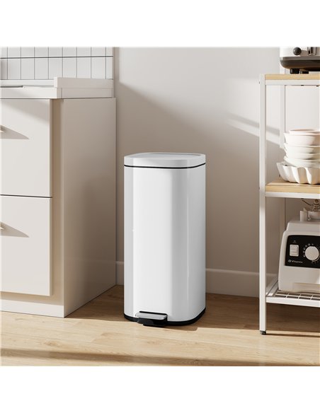 HOMCOM 30L Kitchen Bin, Compact Pedal Bin with Soft-Close and Stay-Open Lid, Removable Bucket for Kitchen, Home, Office, White