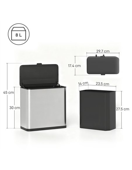 HOMCOM 8L Hanging Kitchen Bin, Rubbish bin with Lid and Removable Inner Bucket for Under Cabinet Door, Under Sink, Office