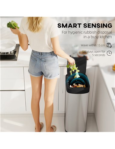HOMCOM 50L Sensor Bin, Automatic Kitchen Bin, Manual Override, Battery Operated, Inner-Bucket-Free, for Kitchen, Bedroom