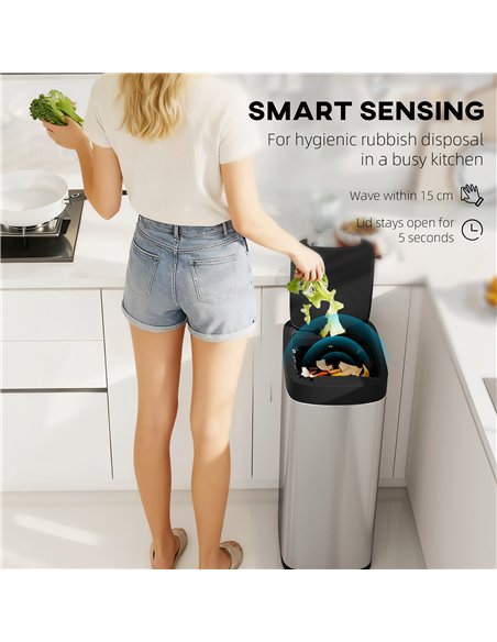 HOMCOM 50L Sensor Bin, Automatic Kitchen Bin, Manual Override, Battery Operated, Inner-Bucket-Free, for Kitchen, Bedroom