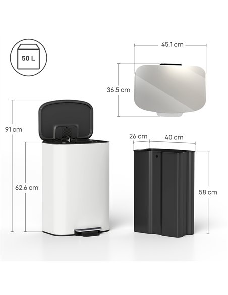 HOMCOM 50L Kitchen Bin with Soft-Close Lid and Stay-Open Function, Stainless Steel Pedal Bin with Removable Inner Bucket, Carry 