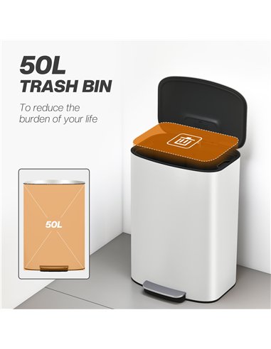 HOMCOM 50L Kitchen Bin with Soft-Close Lid and Stay-Open Function, Stainless Steel Pedal Bin with Removable Inner Bucket, Carry 
