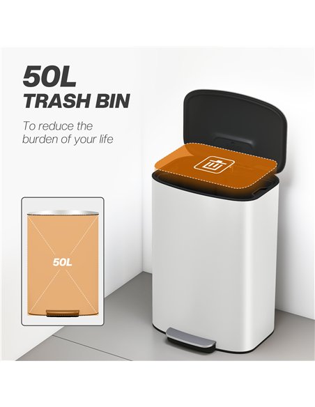 HOMCOM 50L Kitchen Bin with Soft-Close Lid and Stay-Open Function, Stainless Steel Pedal Bin with Removable Inner Bucket, Carry 