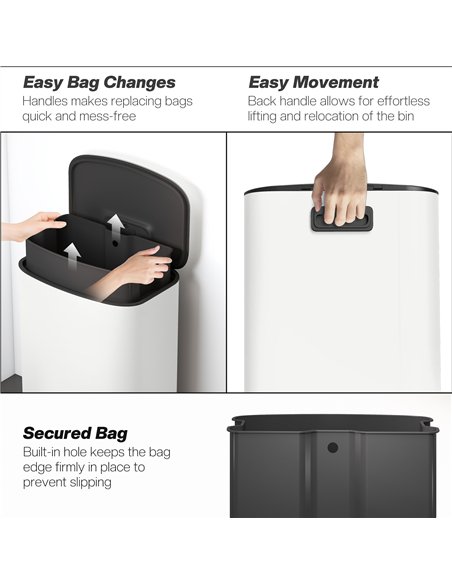 HOMCOM 50L Kitchen Bin with Soft-Close Lid and Stay-Open Function, Stainless Steel Pedal Bin with Removable Inner Bucket, Carry 