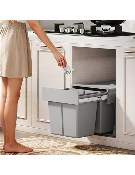 HOMCOM Pull Out Bin, Under Sink Bin - 2 Removable Compartments (15L Each) for 400mm Cabinets, Light Grey