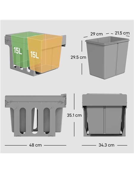 HOMCOM Pull Out Bin, Under Sink Bin - 2 Removable Compartments (15L Each) for 400mm Cabinets, Light Grey