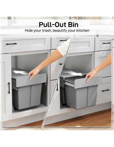 HOMCOM Pull Out Bin, Under Sink Bin - 2 Removable Compartments (15L Each) for 400mm Cabinets, Light Grey