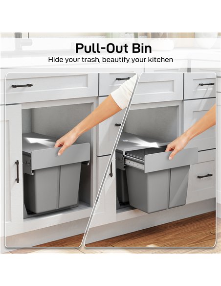 HOMCOM Pull Out Bin, Under Sink Bin - 2 Removable Compartments (15L Each) for 400mm Cabinets, Light Grey