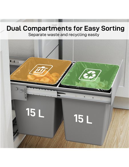 HOMCOM Pull Out Bin, Under Sink Bin - 2 Removable Compartments (15L Each) for 400mm Cabinets, Light Grey