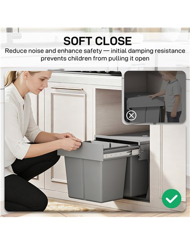 HOMCOM Pull Out Bin, Under Sink Bin - 2 Removable Compartments (15L Each) for 400mm Cabinets, Light Grey