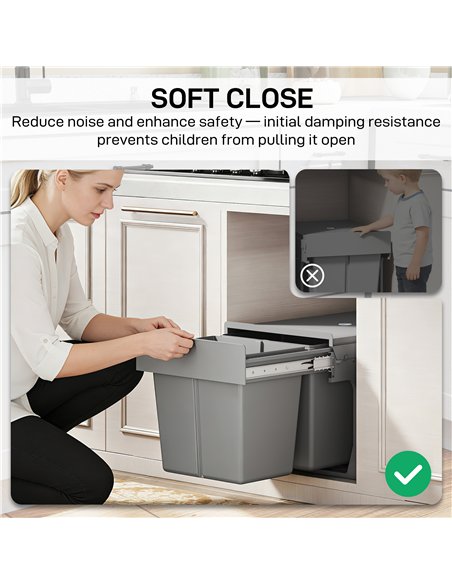 HOMCOM Pull Out Bin, Under Sink Bin - 2 Removable Compartments (15L Each) for 400mm Cabinets, Light Grey