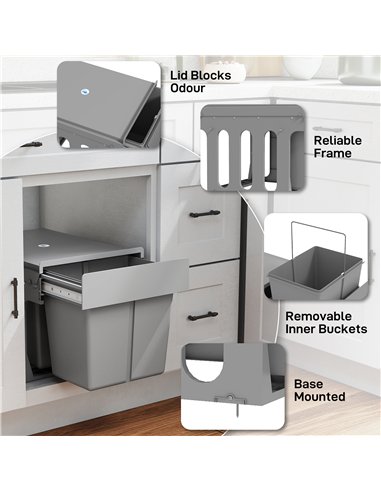 HOMCOM Pull Out Bin, Under Sink Bin - 2 Removable Compartments (15L Each) for 400mm Cabinets, Light Grey