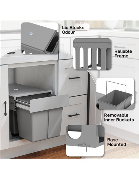 HOMCOM Pull Out Bin, Under Sink Bin - 2 Removable Compartments (15L Each) for 400mm Cabinets, Light Grey