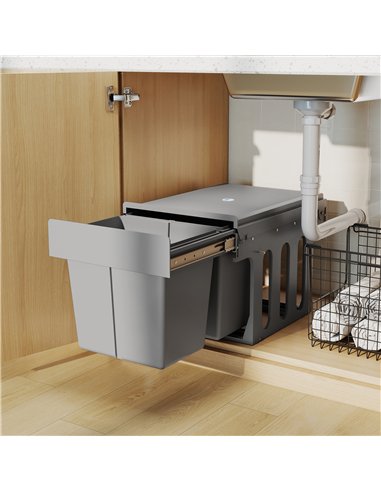 HOMCOM Pull Out Bin, Under Sink Bin - 2 Removable Compartments (15L Each) for 400mm Cabinets, Light Grey