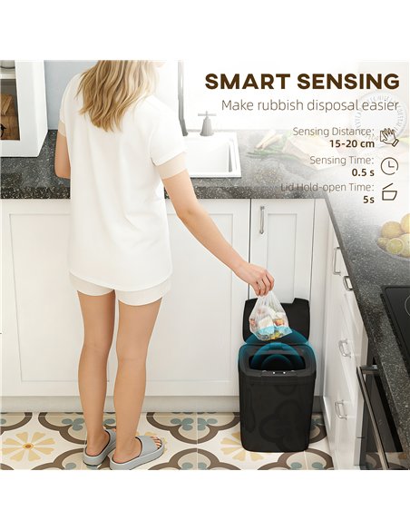 HOMCOM 15L Sensor Bin, Automatic Touchless Kitchen Bin, Easy Clean, Battery Operated for Home Office, Bedroom, Bathroom, Black