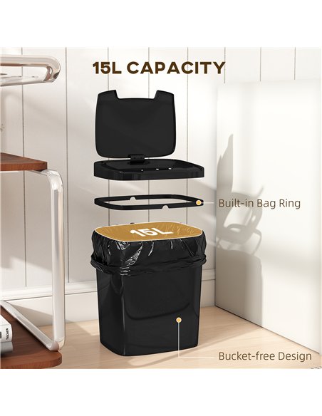 HOMCOM 15L Sensor Bin, Automatic Touchless Kitchen Bin, Easy Clean, Battery Operated for Home Office, Bedroom, Bathroom, Black