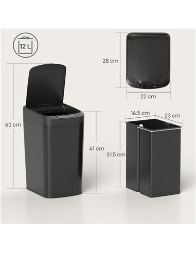 HOMCOM 12L Sensor Bin, Automatic Touchless Motion Sensor Kitchen Bin with Fingerprint Resistant Stainless Steel, Black