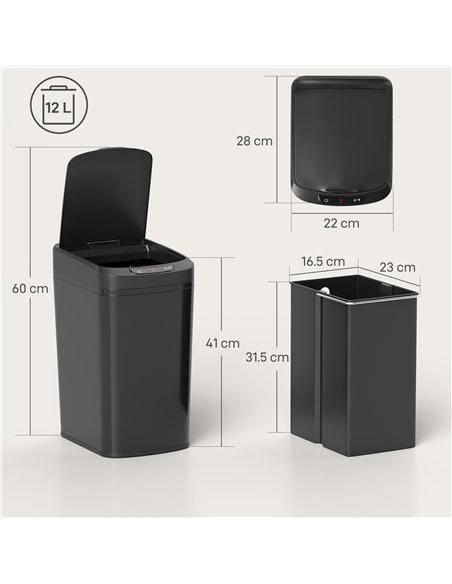 HOMCOM 12L Sensor Bin, Automatic Touchless Motion Sensor Kitchen Bin with Fingerprint Resistant Stainless Steel, Black