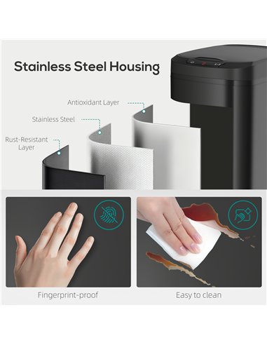 HOMCOM 12L Sensor Bin, Automatic Touchless Motion Sensor Kitchen Bin with Fingerprint Resistant Stainless Steel, Black