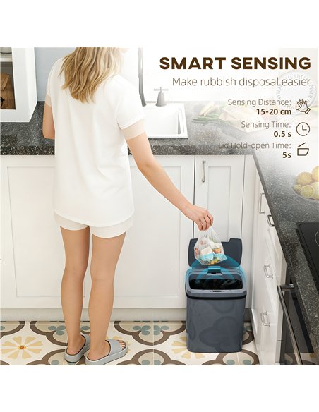 HOMCOM 15L Sensor Bin, Automatic Touchless Kitchen Bin, Easy Clean, Battery Operated for Home Office, Bedroom, Bathroom, Grey