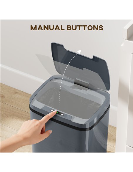 HOMCOM 15L Sensor Bin, Automatic Touchless Kitchen Bin, Easy Clean, Battery Operated for Home Office, Bedroom, Bathroom, Grey