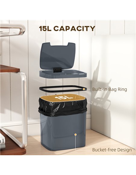 HOMCOM 15L Sensor Bin, Automatic Touchless Kitchen Bin, Easy Clean, Battery Operated for Home Office, Bedroom, Bathroom, Grey