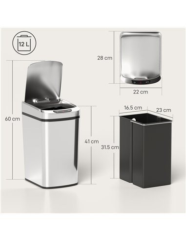 HOMCOM 12L Sensor Bin, Automatic Touchless Motion Sensor Kitchen Bin with Fingerprint Resistant Stainless Steel, Silver