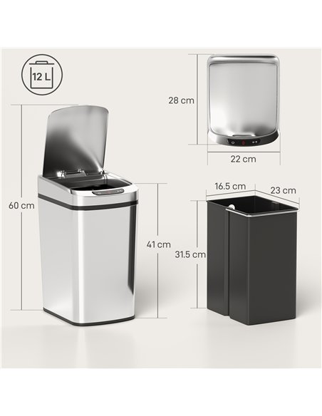HOMCOM 12L Sensor Bin, Automatic Touchless Motion Sensor Kitchen Bin with Fingerprint Resistant Stainless Steel, Silver