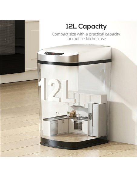 HOMCOM 12L Sensor Bin, Automatic Touchless Motion Sensor Kitchen Bin with Fingerprint Resistant Stainless Steel, Silver