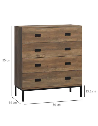 HOMCOM Chest of Drawers, 4-Drawer Storage Organiser Unit with Metal Frame for Bedroom, Living Room, Brown