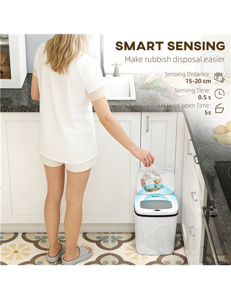 HOMCOM 15L Sensor Bin, Automatic Touchless Kitchen Bin, Easy Clean, Battery Operated for Home Office, Bedroom, Bathroom, White