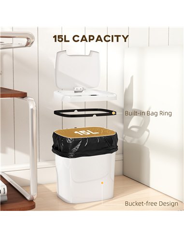 HOMCOM 15L Sensor Bin, Automatic Touchless Kitchen Bin, Easy Clean, Battery Operated for Home Office, Bedroom, Bathroom, White